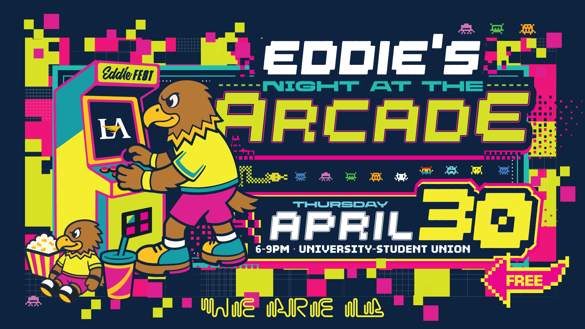 Eddie Fest 2026 Promotional image showing eddie the eagle playing an arcade. The Text reads Eddie night at the arcade April 30 from 6-9pm in the University Student Union Building