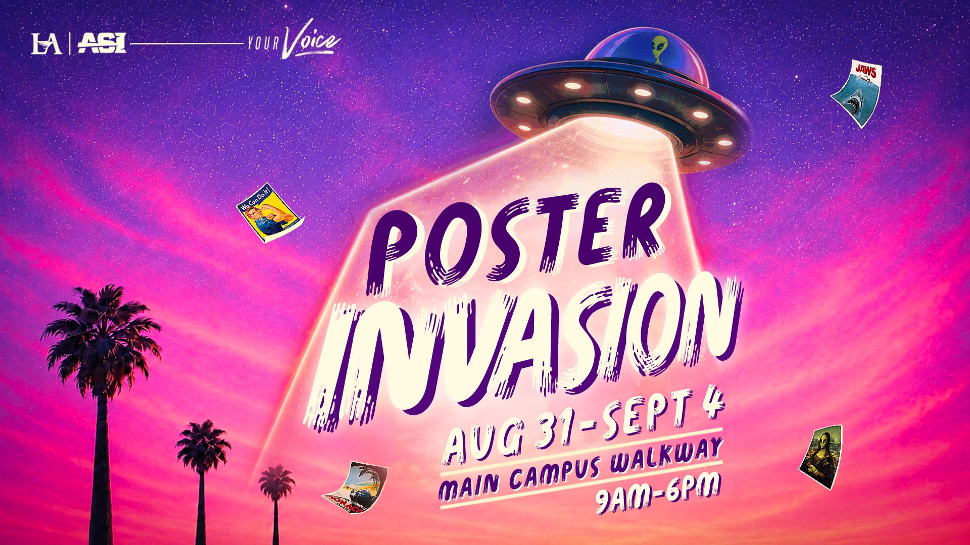 Poster Invasion image with space ship dropping posters. August 31 - September 1