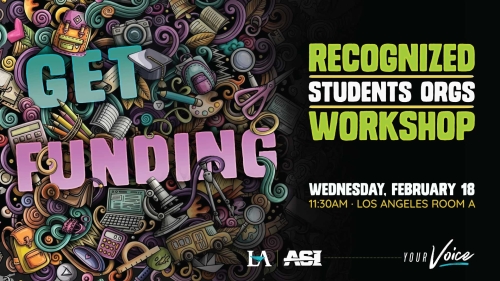 Get Funding workshop for recognized student organizations, Wednesday February 18 at 11:30 AM in Los Angele